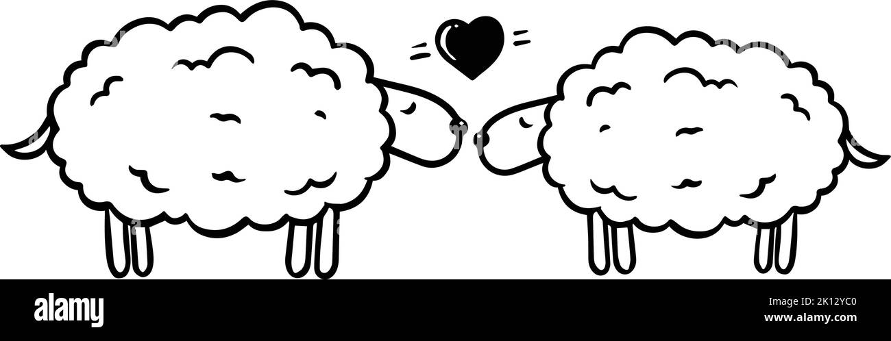 disegnate a mano due pecore e una forma di cuore. Illustrazione vettoriale. Illustrazione Vettoriale