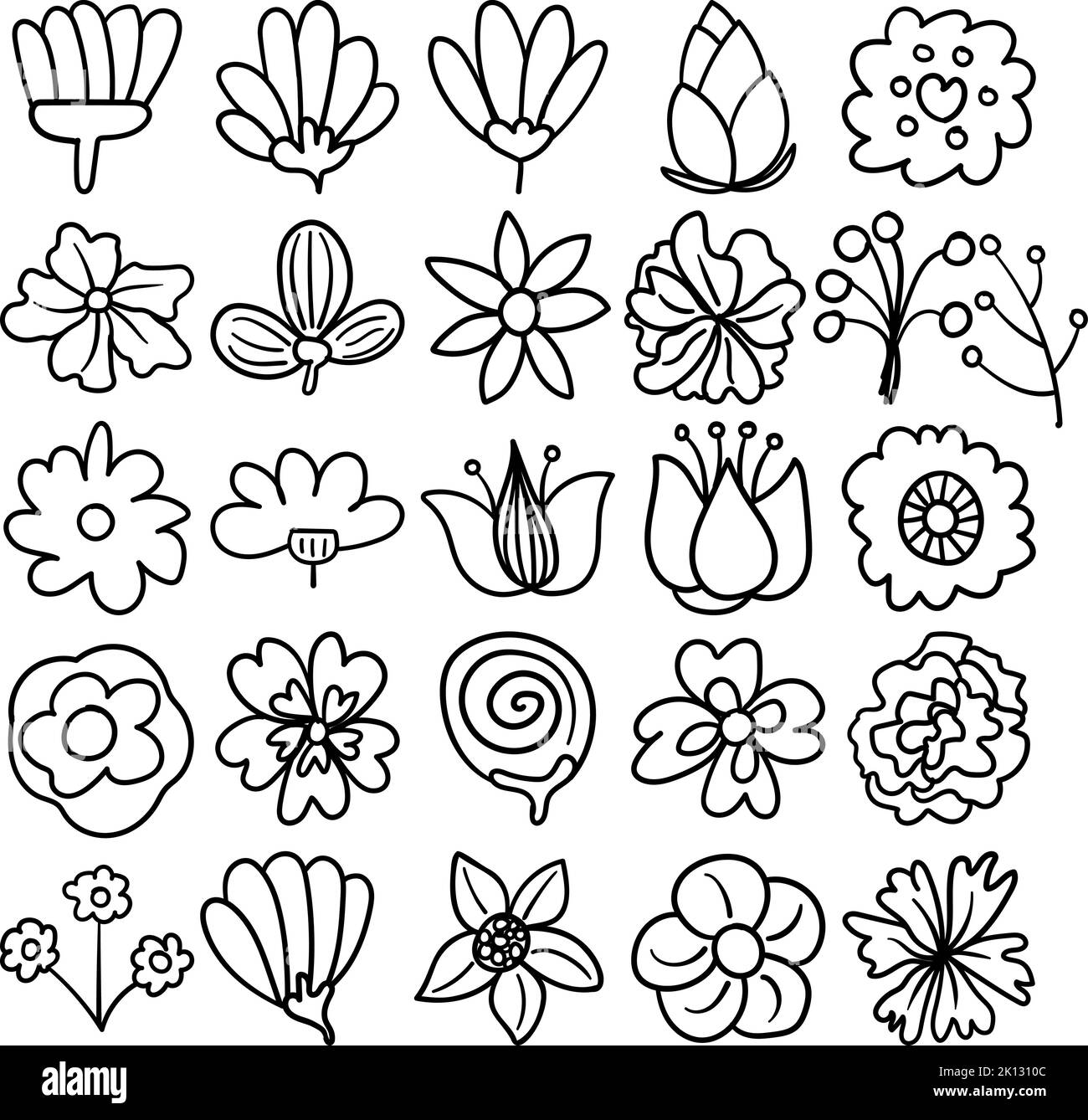 Fiori linea di Doodle disegnata a mano Set di contorni d'arte contenente fiori, fiori, fiori, fiori, flora, fiori, dente di bambino, erba, perenne, vite, annuale, gemma Illustrazione Vettoriale