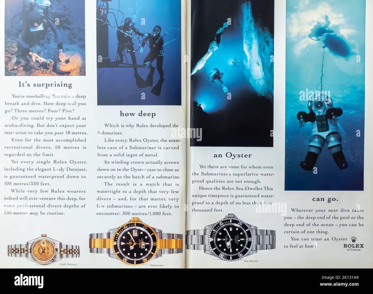 Rolex Oyster orologi pubblicità posto in una rivista NatGeo gennaio 1997 Foto Stock