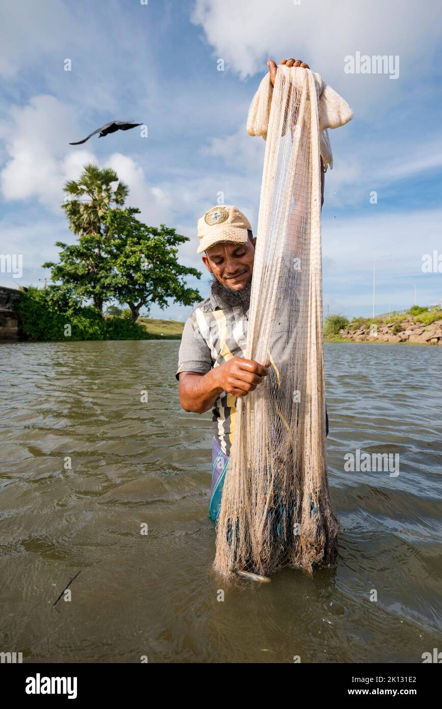 Sri Lanka, Distretto di Ampara, Pottovil, pêcheur, Fischer, pescatore, filet de pêche, Fischernetz, rete da pesca, traitionnelle, tradizionale Foto Stock