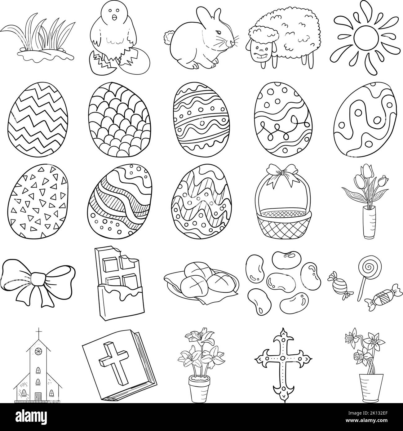 Easter disegnata a mano Doodle Line Art Outline Set contenente uova di Pasqua, modelli, caramelle, pulcino, coniglietto, Arco, Agnello, Sole, Tulipani, cioccolato Illustrazione Vettoriale