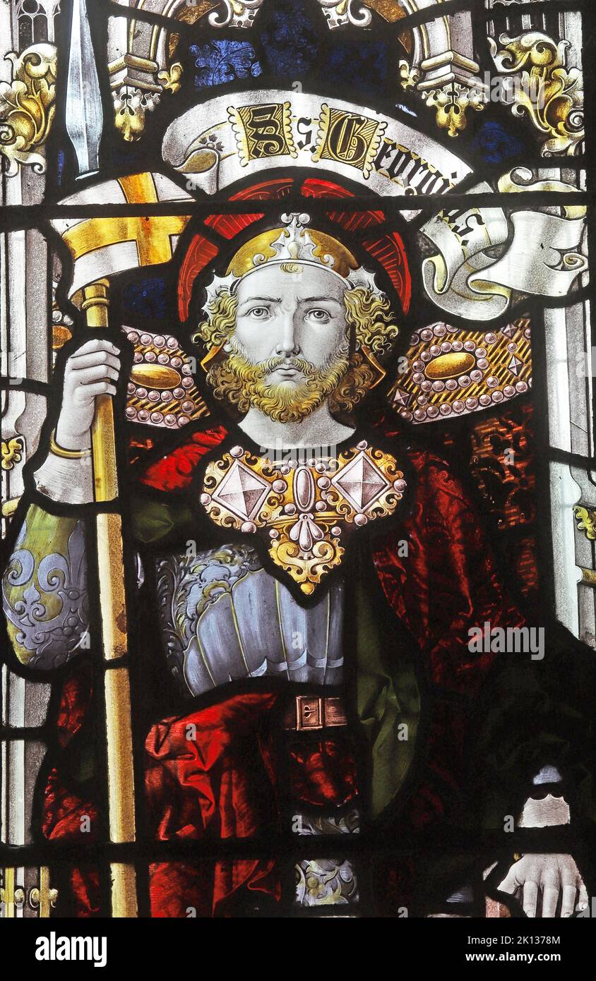Vetrata di Percy Bacon raffigurante San Giorgio, la chiesa di San Sidwell, Laneast, Cornovaglia Foto Stock