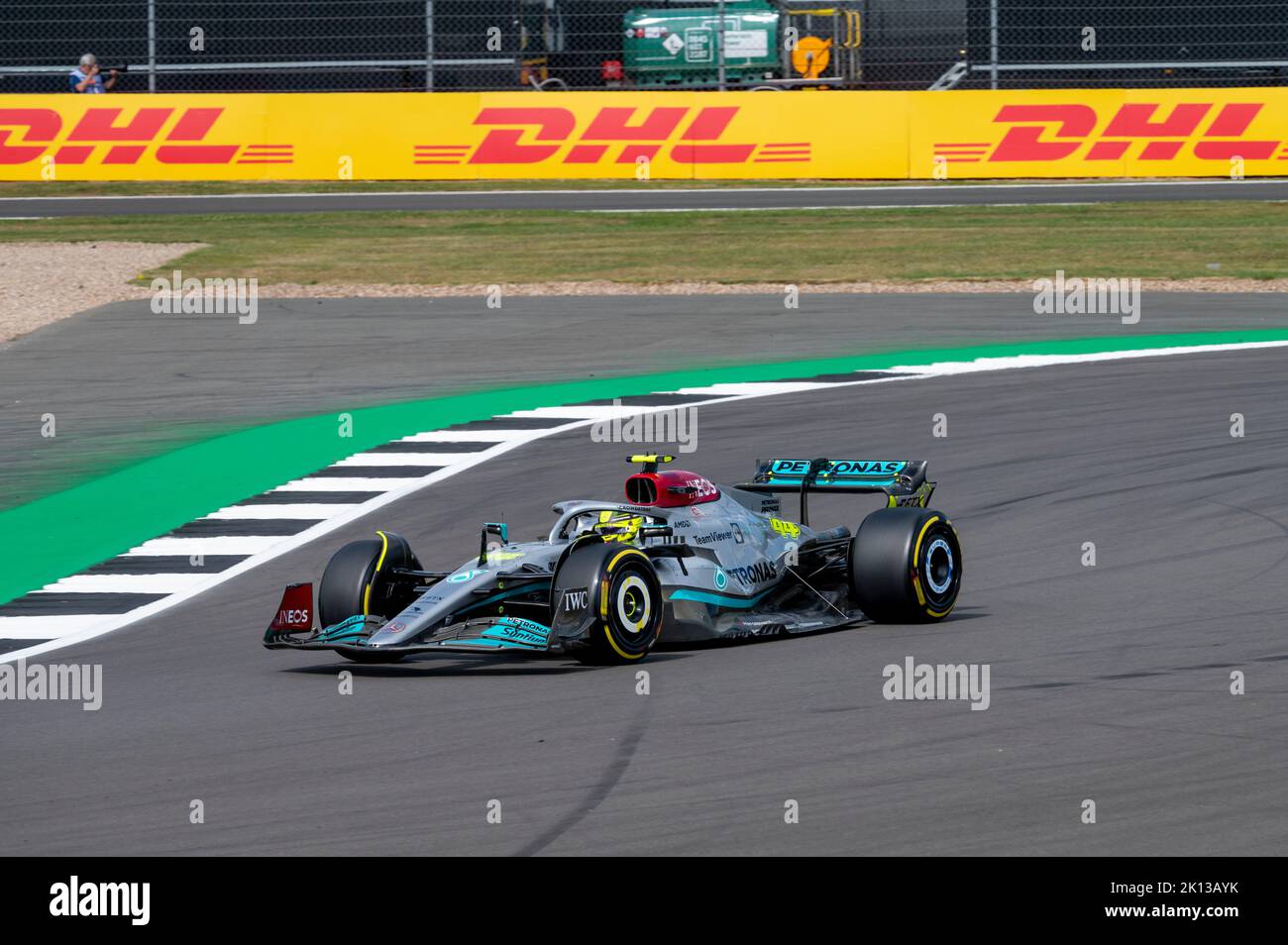 Mercedes F1 auto di Lewis Hamilton al circuito di Silverstone, Towcester, Northamptonshire, Inghilterra, Regno Unito, Europa Foto Stock