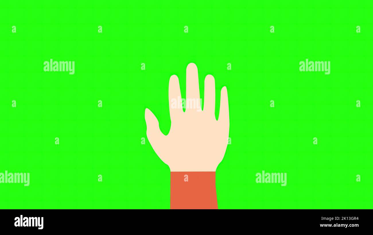 La mano che ondeggia di un uomo dalla pelle leale è un simbolo ciao, addio su uno sfondo verde dello schermo. Foto Stock