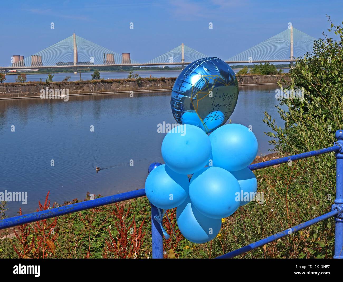 Mersey Gateway Bridge, attraverso il MSC (Manchester Ship Canal) e il fiume Mersey, che mostra la centrale elettrica Fiddlers Ferry, Halton, Cheshire, Regno Unito Foto Stock