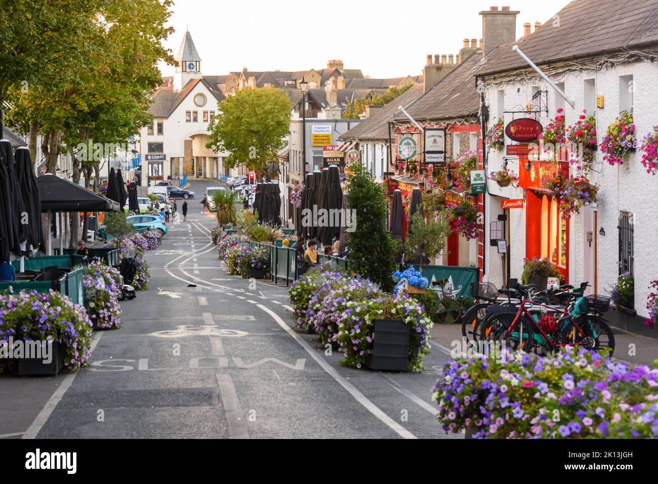 Strada a Malahide, Irlanda, fiancheggiata da cestini appesi e contenitori con fiori. Foto Stock