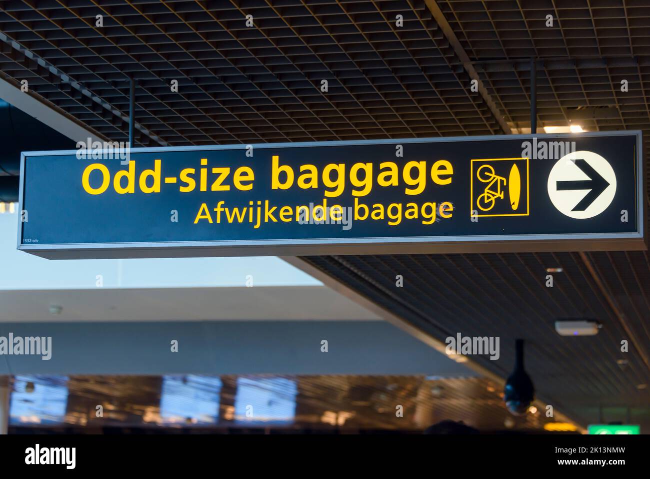 Cartello per bagaglio di dimensioni strane, aeroporto di Schiphol, Paesi Bassi Foto Stock