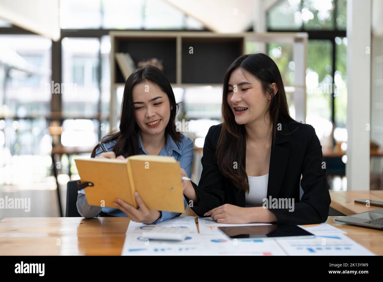 Due colleghi di affari si riunono per discutere il nuovo progetto di strategia di business piano e di analisi dei dati documento, finanza e contabilità concetto Foto Stock