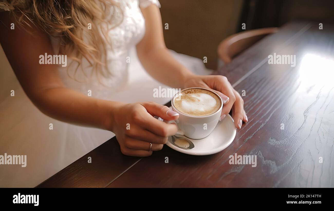 Bella donna che beve cappuccino al ristorante. Caffè tempo per la sposa al matrimonio. Foto Stock
