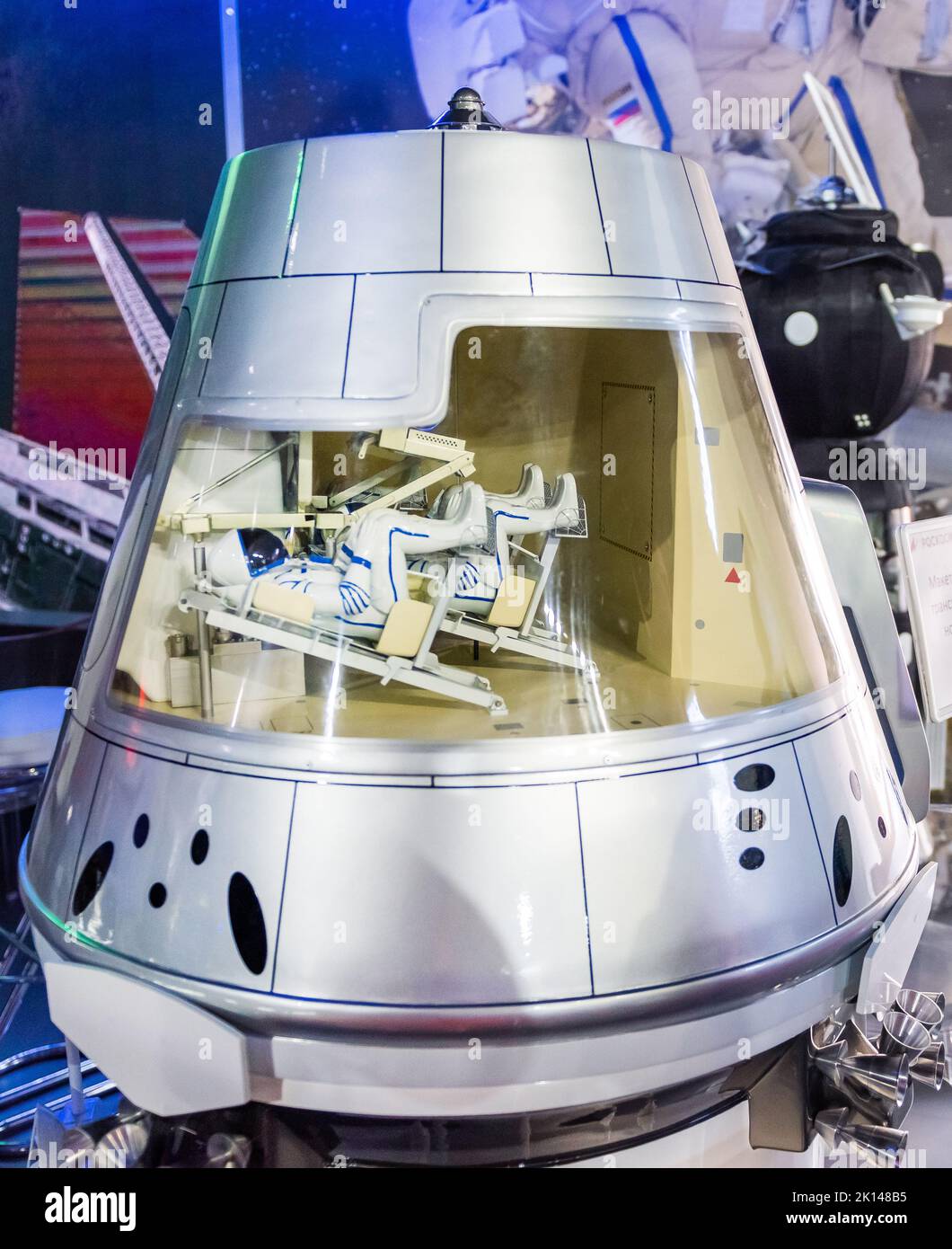 30 agosto 2019, regione di Mosca, Russia. Simulazione della navicella spaziale russa riutilizzabile con equipaggio Orel (ex Federazione) Foto Stock