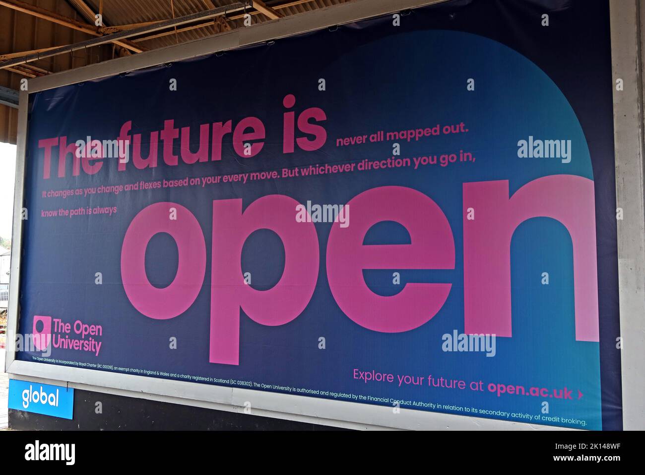 Il futuro è aperto, poster pubblicitario per corsi di laurea e altri corsi, presso l'Open University, principalmente a distanza Foto Stock