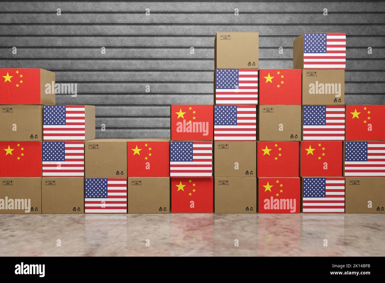 Pile di scatole di cartone con bandiere nazionali degli Stati Uniti e della Cina. Illustrazione della guerra commerciale, delle tariffe di importazione e del protezionismo estremo Foto Stock