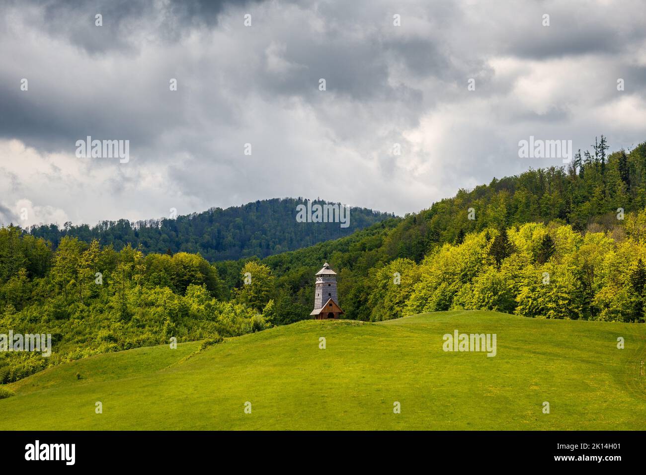 Paesaggio primaverile di prati e boschi. La torre di osservazione di Zbojska nella pianura di Muran nella Slovacchia centrale, in Europa. Foto Stock