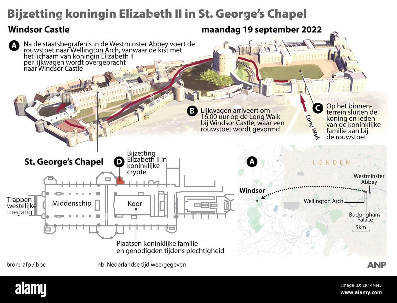 2022-09-15 18:15:59:19 Intermento della Regina Elisabetta II nella Cappella di San Giorgio. Profilo del Castello di Windsor e mappa della Cappella di San Giorgio. ANP INFOGRAFICA paesi bassi fuori - belgio fuori Foto Stock