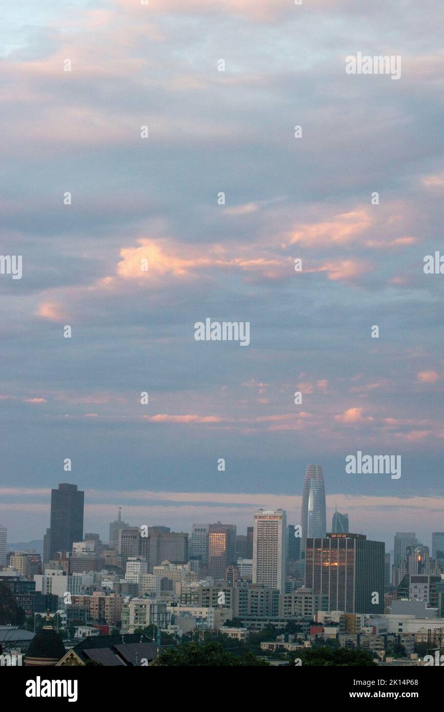 Alamo Square è una popolare destinazione turistica a San Francisco, CA, USA perché le Painted Ladies sono lì. Foto Stock