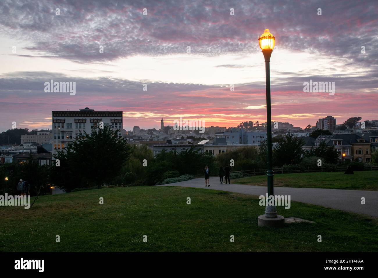 Alamo Square è una popolare destinazione turistica a San Francisco, CA, USA perché le Painted Ladies sono lì. Foto Stock