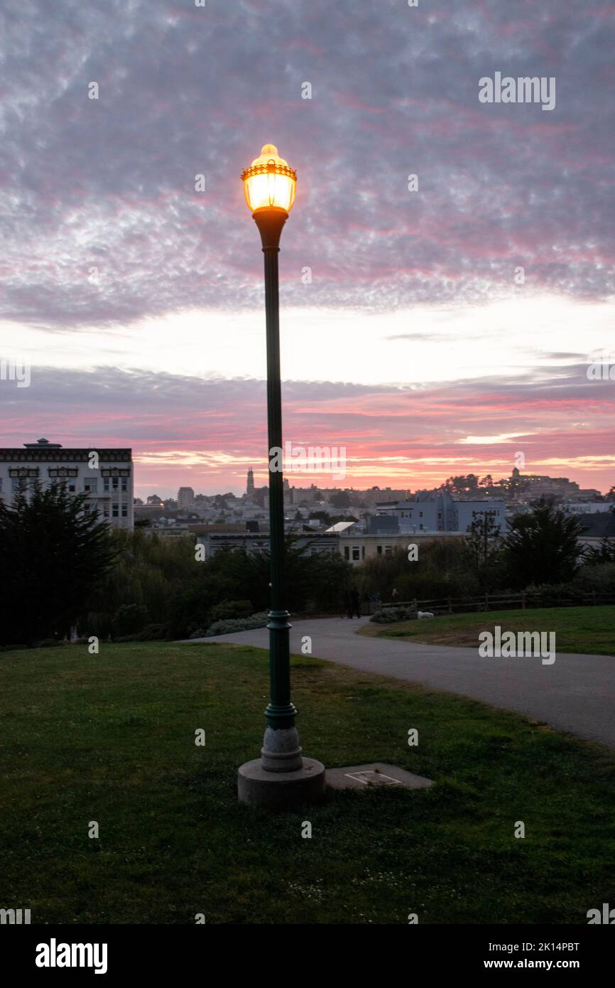 Alamo Square è una popolare destinazione turistica a San Francisco, CA, USA perché le Painted Ladies sono lì. Foto Stock