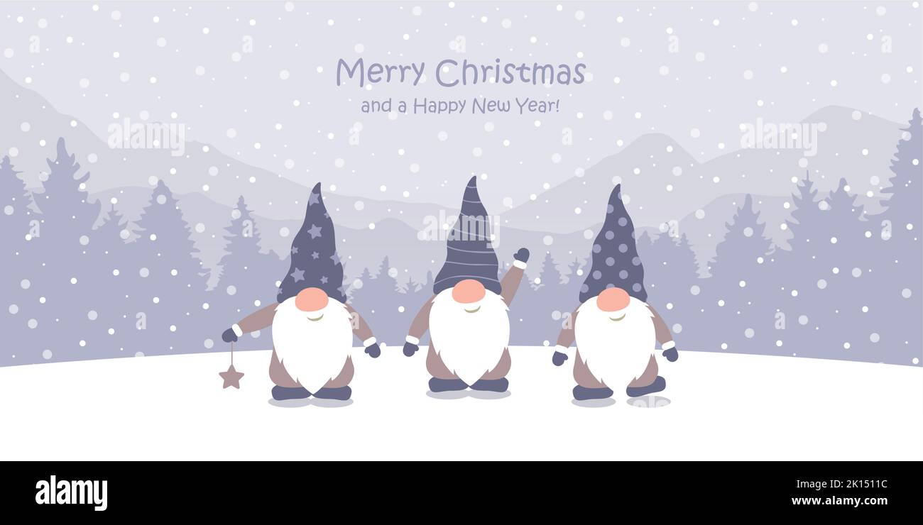 biglietto di auguri di natale con carino nana di natale e paesaggio innevato Illustrazione Vettoriale