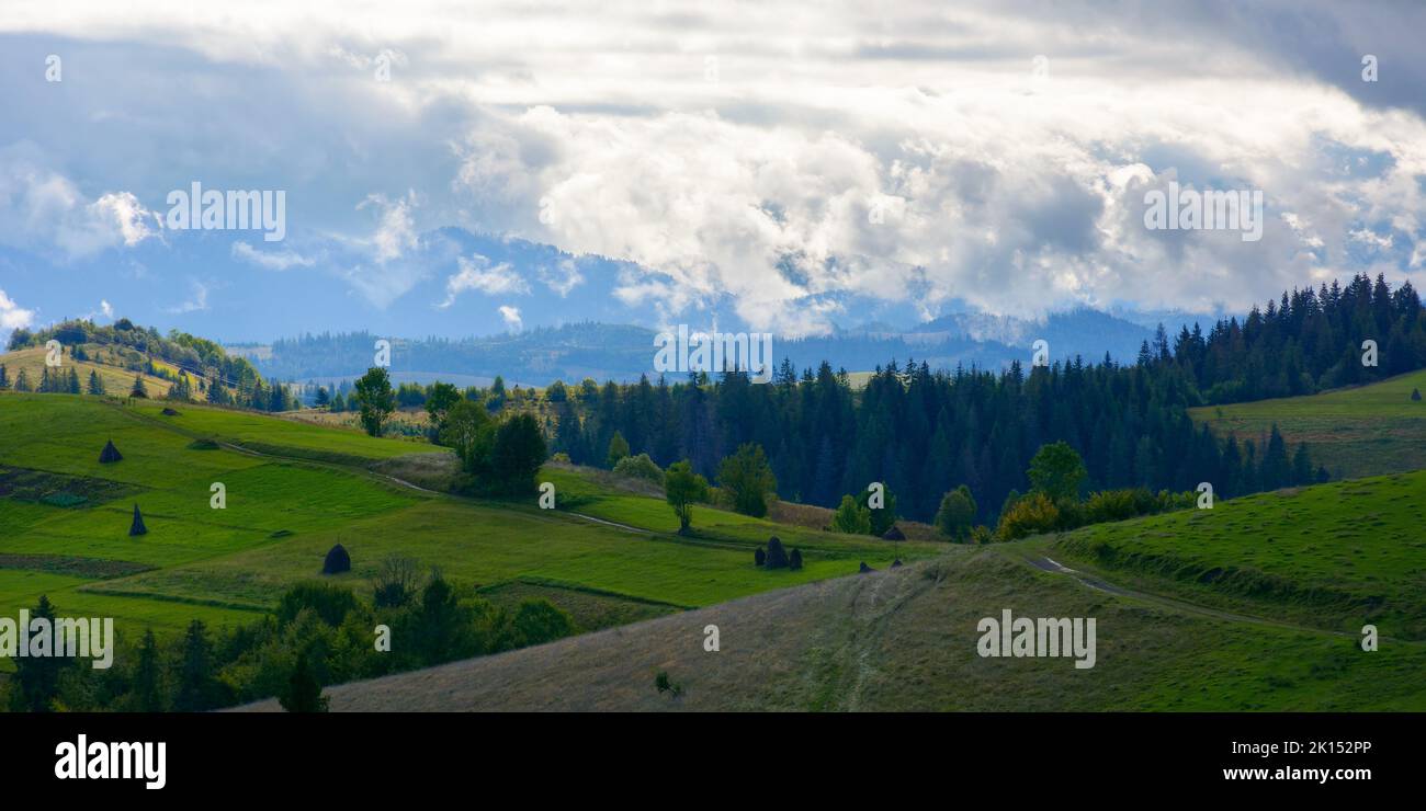 paesaggio di campagna montagnosa nel mese di settembre. campi rurali e foreste sulle colline che si rotolano in lontananza cresta. meraviglioso paesaggio naturale su un cl Foto Stock