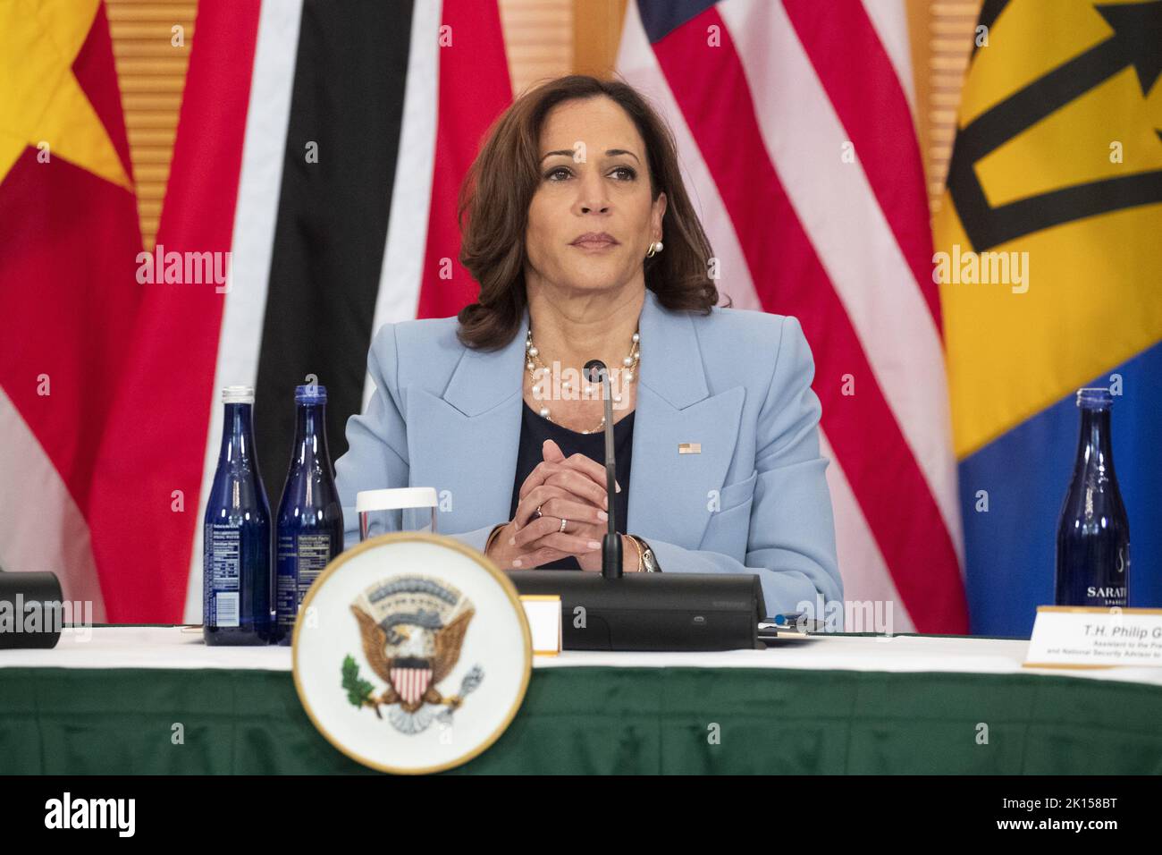 Washington, Stati Uniti. 15th Set, 2022. Il Vice Presidente Kamala Harris partecipa a un incontro multilaterale con i leader dei Caraibi e dei Domenicani nella Blair House, di fronte alla Casa Bianca di Washington, DC, giovedì 15 settembre 2022. Foto di Michael Reynolds/UPI Credit: UPI/Alamy Live News Foto Stock