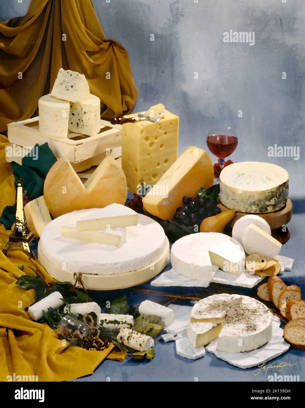 Gruppo di formaggi francesi a colori fotografia su fresco, grigio-blu sfondo chiazzato. foto da tavolo da studio. Con il filtro stile di disegno di Photoshop. Foto Stock