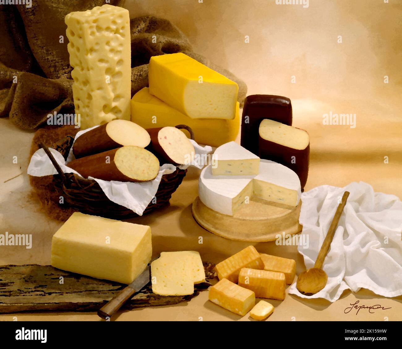 Formaggi tedeschi in gruppo colore fotografia, applicato filtro pittorico. Sfondo chiazzato dai toni tan. Tavolo da studio, immagine classica Foto Stock