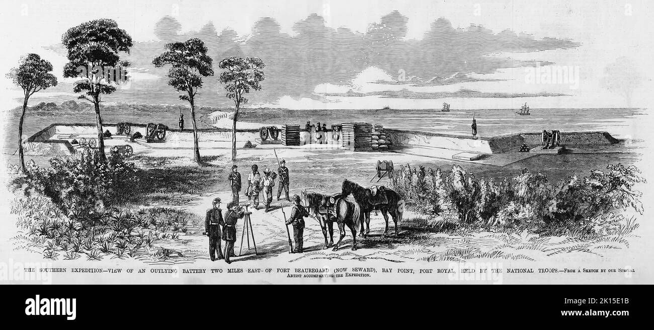 La spedizione del sud - Vista di una batteria periferica tre miglia ad est di Fort Beauregard (ora Seward), Bay Point, Port Royal, Carolina del Sud, tenuto dalle truppe nazionali. Dicembre 1861. Illustrazione della guerra civile americana del 19th° secolo dal quotidiano illustrato di Frank Leslie Foto Stock
