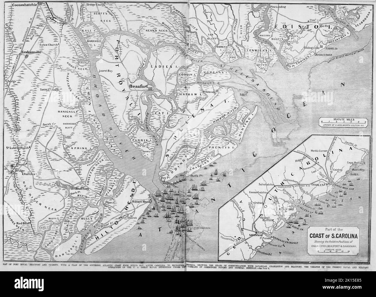 Mappa di Port Royal Beaufort e dintorni, con un piano della costa atlantica meridionale da Bull's Bay, Carolina del Sud, a Brunswick, Georgia, che mostra i mezzi di comunicazione con Savannah, Charleston, E Beaufort, teatro delle attuali operazioni navali e militari della Grande spedizione Navale degli Stati Uniti sotto il comando della commode Samuel Francis Du Pont e del generale William Tecumseh Sherman. 1861. Illustrazione della guerra civile americana del 19th° secolo dal quotidiano illustrato di Frank Leslie Foto Stock