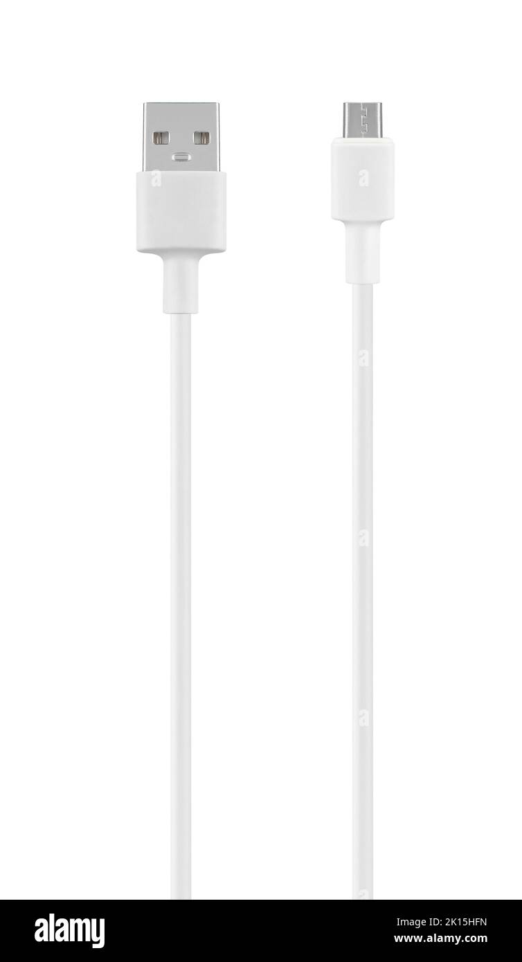 Connettore con cavo USB e micro USB, isolato su sfondo bianco Foto Stock