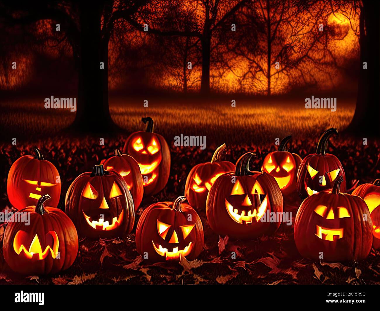 3d resa di molte zucche di halloween spaventose accese jack-o-lanterna poste nel campo Foto Stock