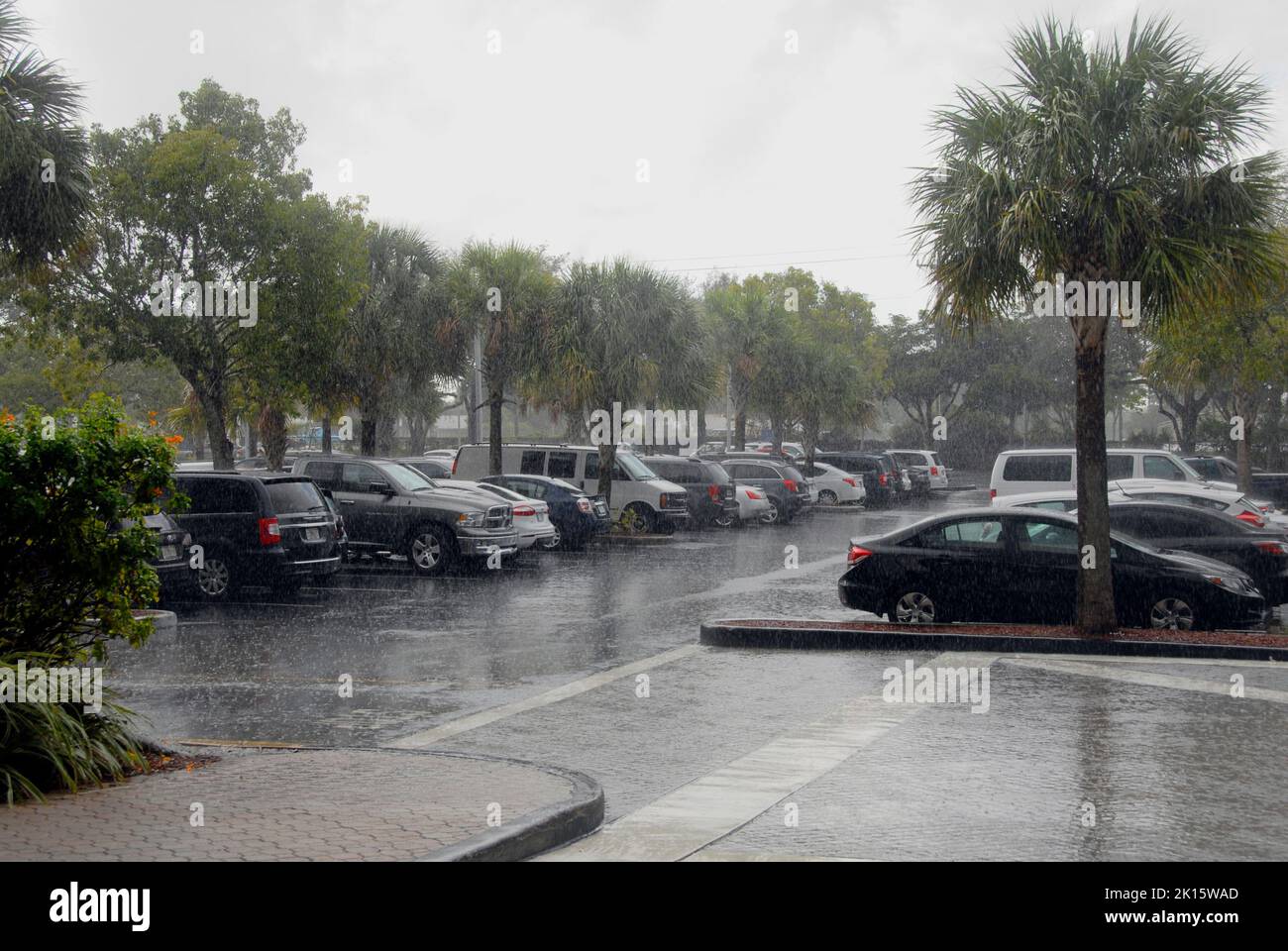 Parcheggio in hotel con forte pioggia, Miami, Florida, USA Foto Stock