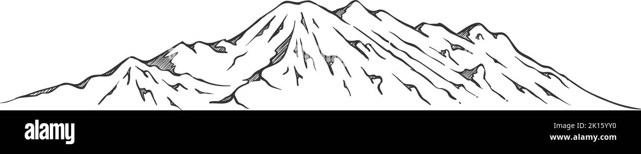 Illustrazione vettoriale delle montagne in bianco e nero disegnata a mano Illustrazione Vettoriale