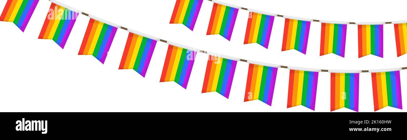LGBT garland. Catena di pennants di colore arcobaleno. Decorazioni per gruppi. Bandiere di celebrazione per l'arredamento di orgoglio. Piè di pagina e sfondo banner Illustrazione Vettoriale