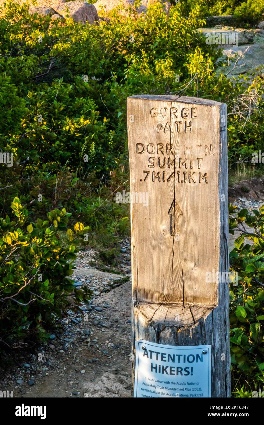Una descrizione scheda per il sentiero nel Parco Nazionale di Acadia, Maine Foto Stock