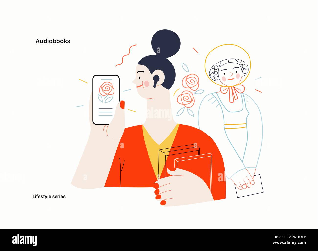 Lifestyle series - Audiobooks - moderna immagine vettoriale piatta di una donna che ascolta un audiolibro con le gemme nell'applicazione tablet e un vittoriano Illustrazione Vettoriale