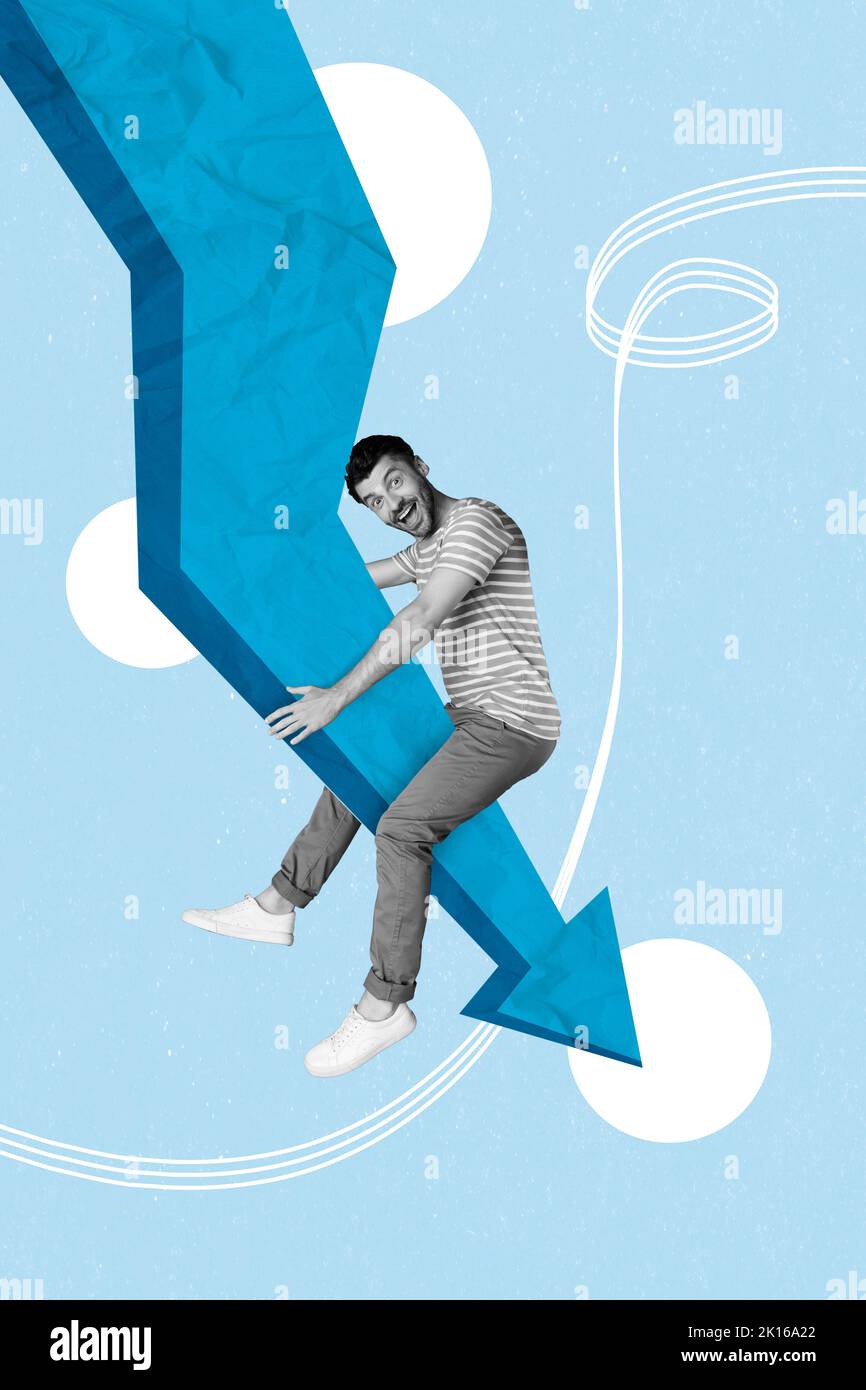 Collage foto di giovane pazzo divertente uomo retrò in discesa freccia blu economia finanza crash cattiva inflazione isolato su sfondo doodle Foto Stock