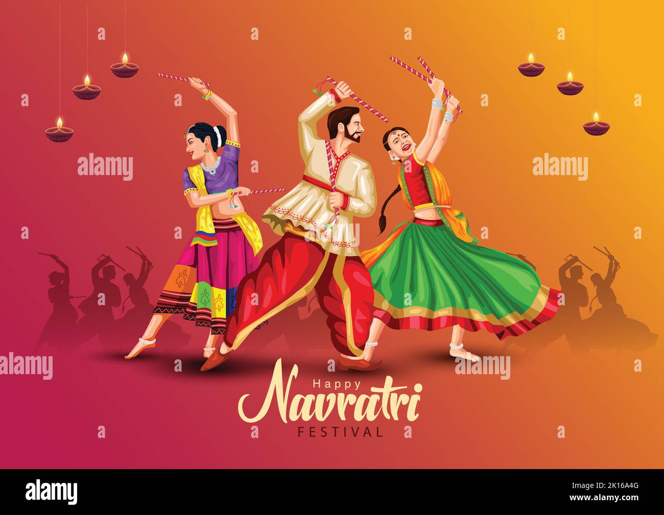 Garba Night poster per Navratri Dussehra festival dell'India. Illustrazione vettoriale delle persone che giocano a danza Dandiya. Illustrazione Vettoriale