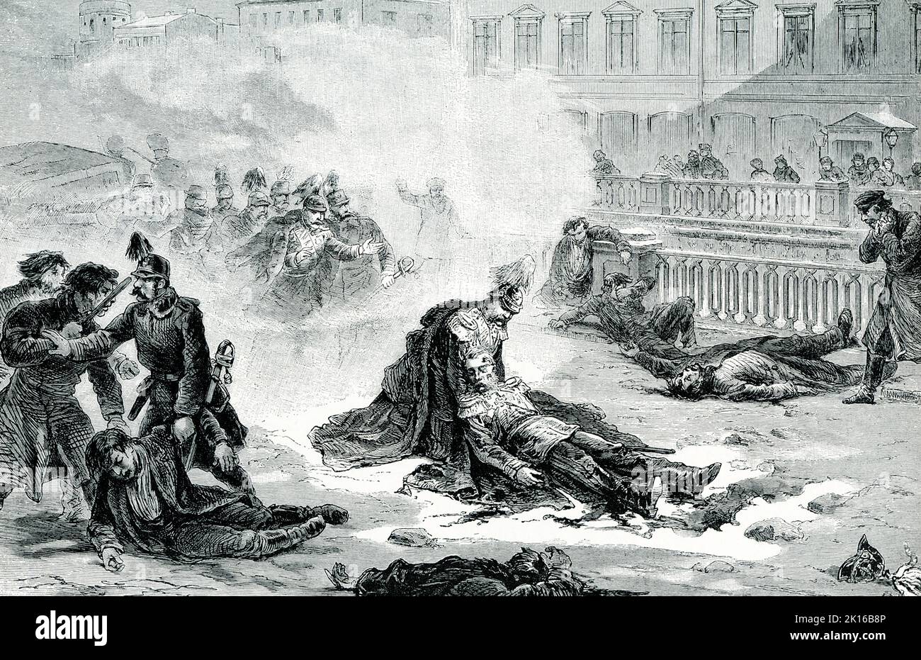 La didascalia del 1906 recita: MORTE DI ALESSANDRO II — nonostante tutte le precauzioni dei suoi ministri, Alessandro fu finalmente ucciso dai nichilisti. Egli aveva concluso che stava esponendo inutilmente le sue guardie a morte, poiché una bomba poteva raggiungerlo così come tra loro come da solo. Così ha rinunciato a tutte le precauzioni e ha guidato circa non protetto. Nel marzo del 1881, una bomba è stata gettata al suo carro. Due spettatori furono feriti e lo Zar si affrettò a loro aiutare, quando una seconda bomba fu scagliata direttamente ai suoi piedi. Sia lui che l'uomo che l'ha gettato caddero morendo, quasi strappato a pezzi. Un altro lanciatore di bombe è venuto in fretta: B Foto Stock