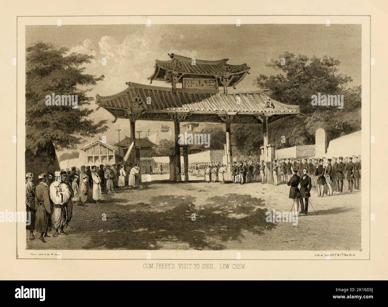 Com Perry visita a Shui. Dalla narrazione della spedizione di uno squadrone americano ai mari della Cina e al Giappone, eseguita negli anni 1852, 1853 e 1854, sotto il comando del Commodore M.C. Perry, Marina degli Stati Uniti, per ordine del governo degli Stati Uniti. Di Matthew Calbraith Perry (1794-1858), Lambert Lilly (1798-1866), George Jones (1800-1870). Data di pubblicazione 1856. Foto Stock