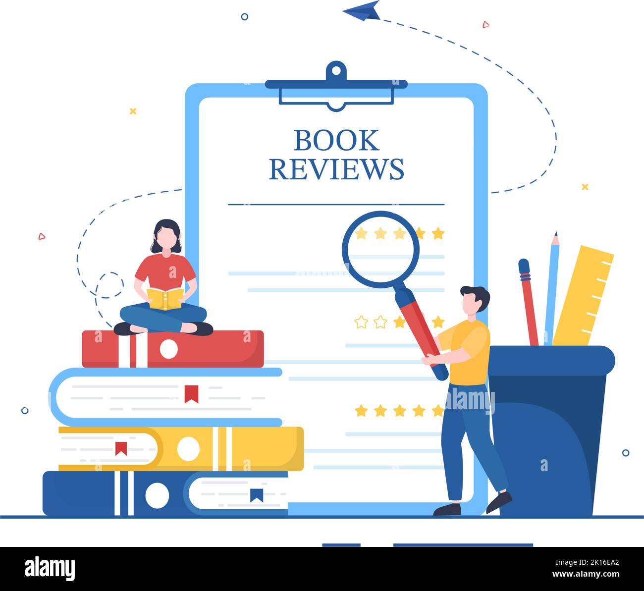 Modello di revisione del libro Illustrazione piatta di Cartoon disegnata a mano con il feedback del lettore per l'analisi, la valutazione, la soddisfazione e i commenti sulle pubblicazioni Illustrazione Vettoriale