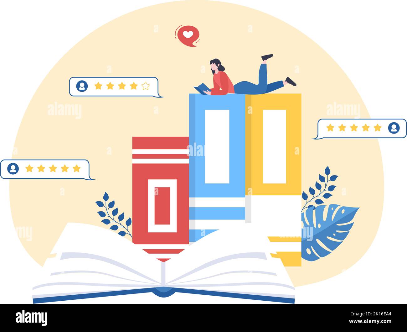 Modello di revisione del libro Illustrazione piatta di Cartoon disegnata a mano con il feedback del lettore per l'analisi, la valutazione, la soddisfazione e i commenti sulle pubblicazioni Illustrazione Vettoriale