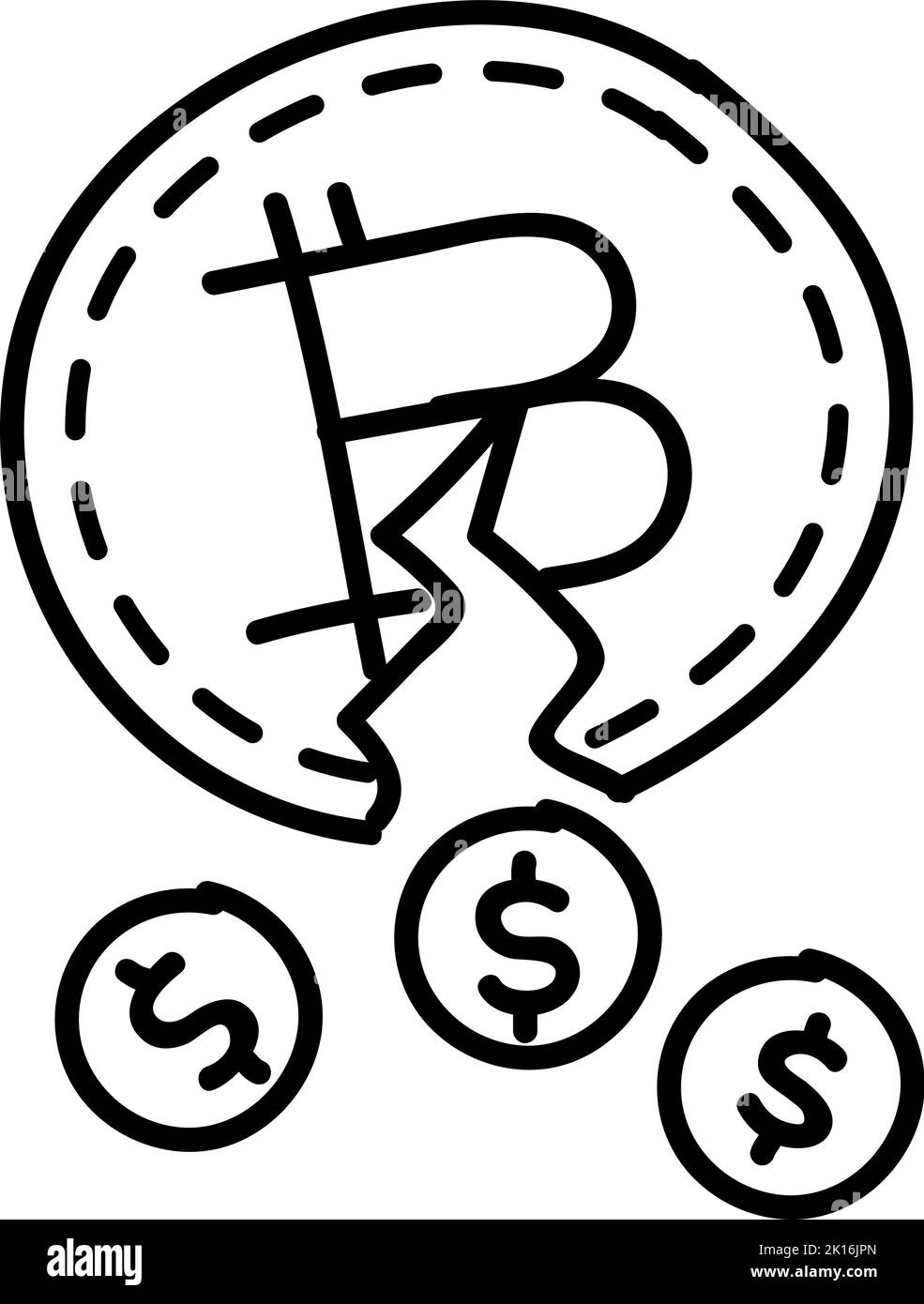 Moneta di criptovaluta Bitcoin e icona del dollaro. Illustrazione vettoriale disegnata a mano. Tratto di linea modificabile. Illustrazione Vettoriale