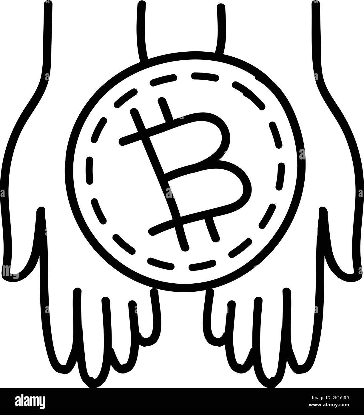 Mano che tiene Bitcoin criptovaluta icona. Portamonete. Illustrazione vettoriale disegnata a mano. Tratto di linea modificabile. Illustrazione Vettoriale