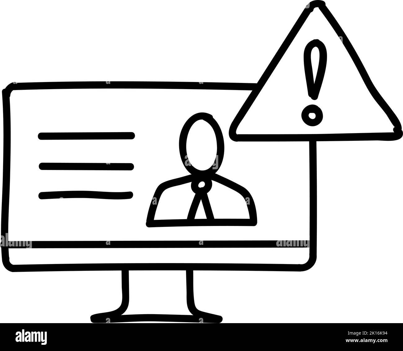 Icona di avviso di notizie false. Monitor del computer con segnale. Illustrazione vettoriale disegnata a mano. Tratto di linea modificabile Illustrazione Vettoriale