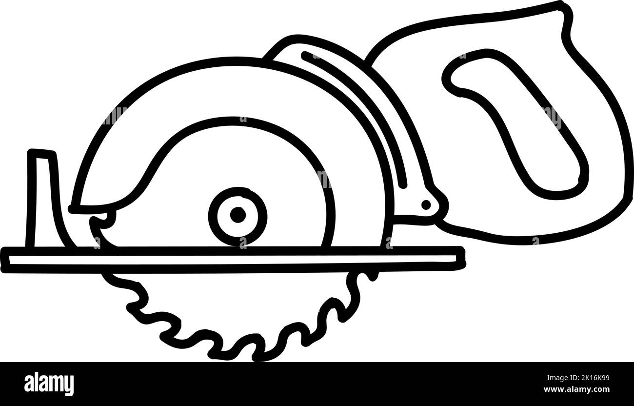 Icona sega circolare elettrica. Illustrazione vettoriale disegnata a mano. Tratto di linea modificabile Illustrazione Vettoriale