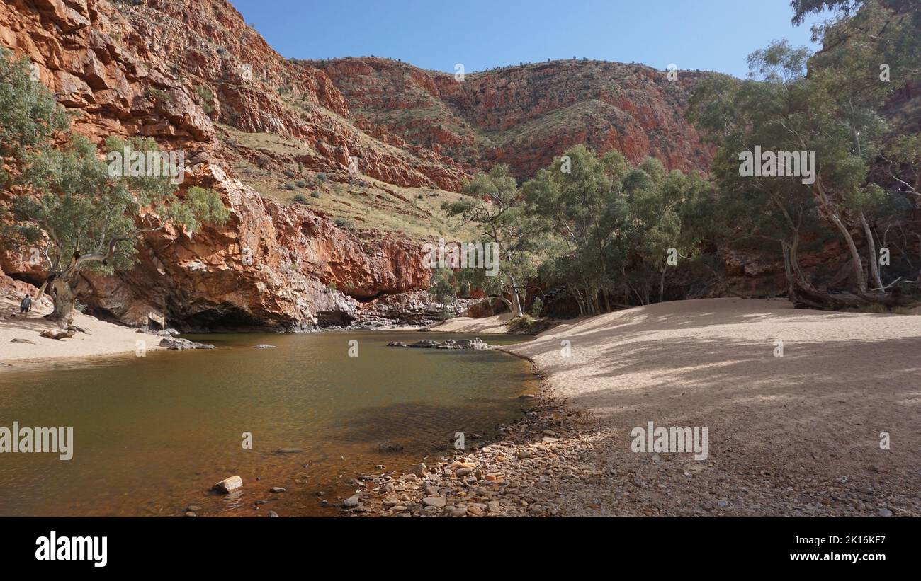 Splendida vista sulla gola rossa e l'acqua di sorgente dalla gola di Ormiston nella catena montuosa West Macdonnell nel Red Centre, Australia. Foto Stock