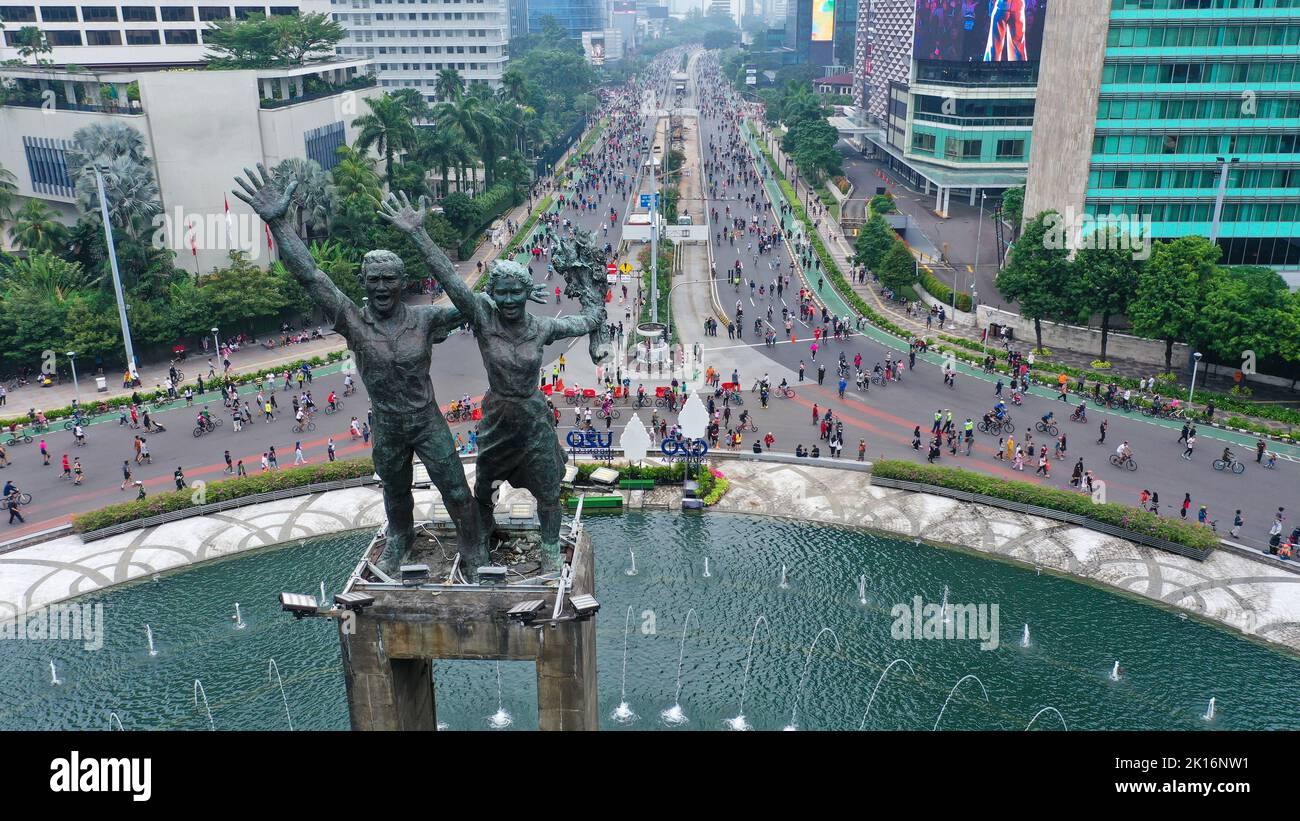 Monumento di benvenuto. Monumen Selamat Datang all'Hotel Indonesia rotonda Bundaran HI Foto Stock