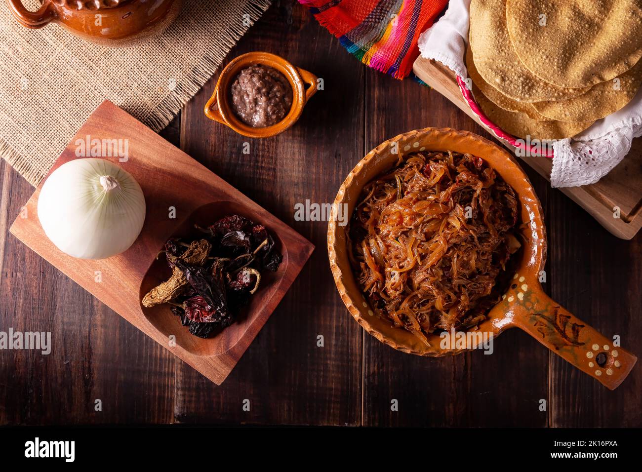 Tinga de Res. Tipico piatto messicano preparato principalmente con manzo grattugiato, cipolla e peperoncini secchi. È consuetudine servirlo su tortilla di mais tostadas Foto Stock