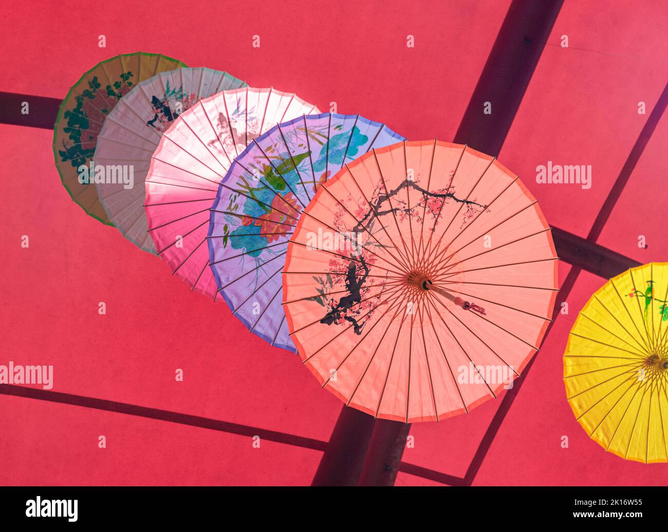 Colorati ombrelli di olio-carta appesi nell'aria Foto Stock Colorati ombrelli di olio-carta appesi nell'aria Foto Stock