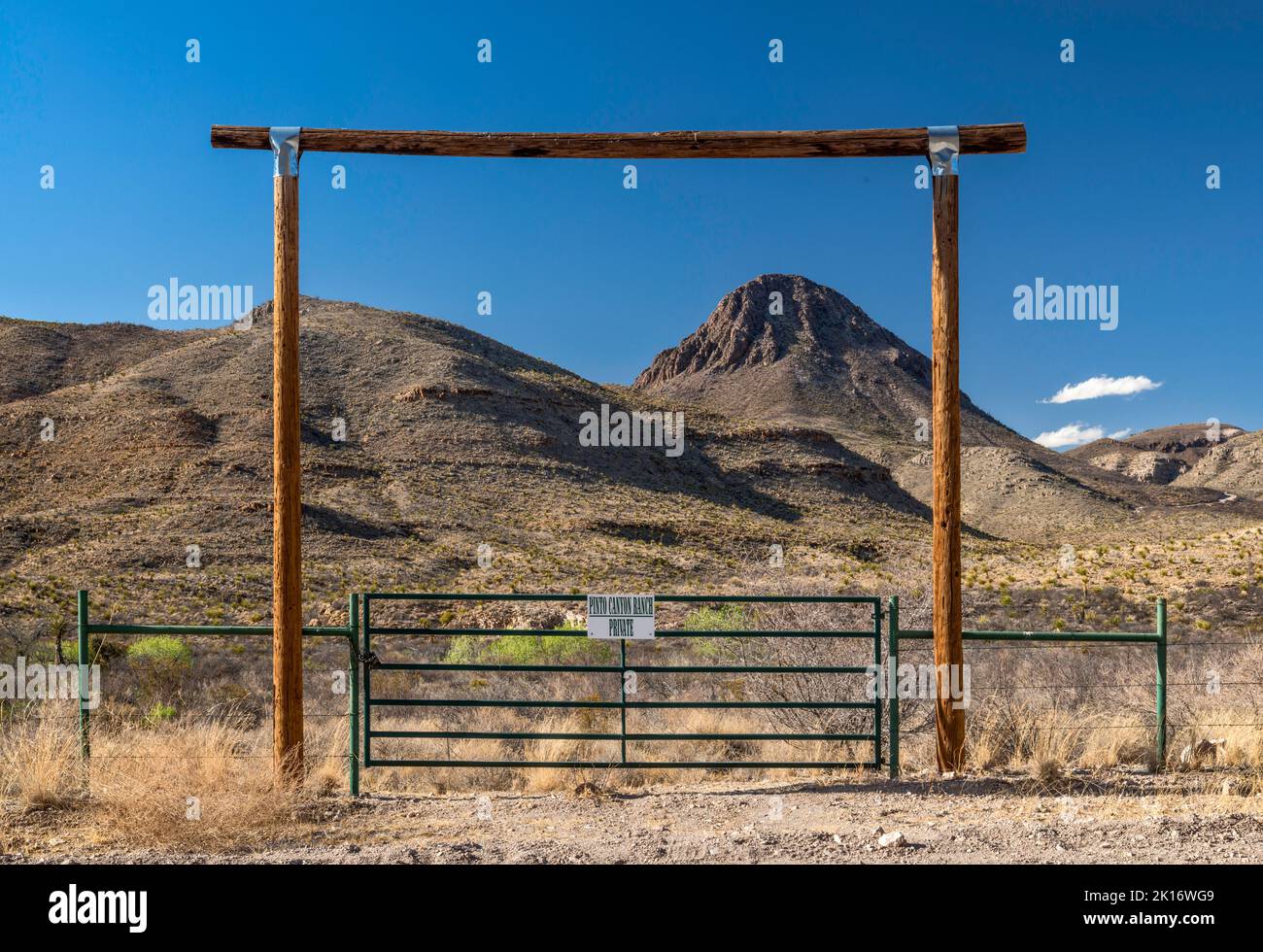 Ranch Gate, Chinati Mountains, futuro parco statale, vicino a Pinto Canyon, Pinto Canyon Road, Big Bend Country, Texas, USA Foto Stock